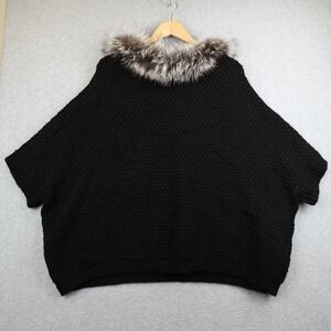 Adrienne Landau Womens Black Knit Poncho Sweater Real Fox Fur Trim OS